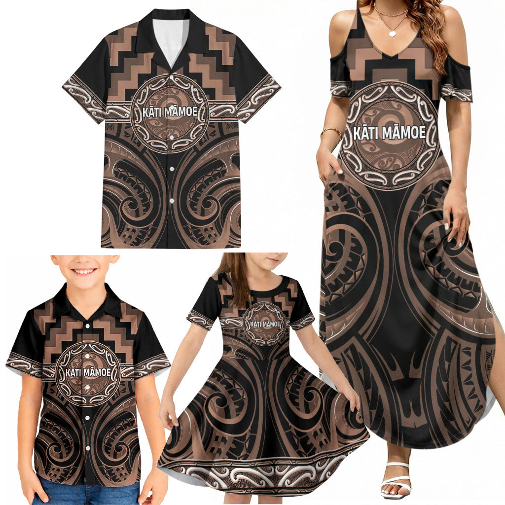 Aotearoa Kati Mamoe Personalised Family Matching Summer Maxi Dress and Hawaiian Shirt Maori Iwi Poutama Puhoro Tattoo