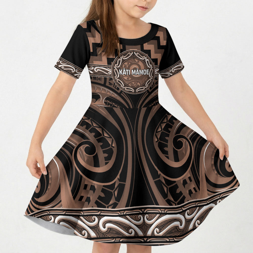 Aotearoa Kati Mamoe Personalised Kid Short Sleeve Dress Maori Iwi Poutama Puhoro Tattoo