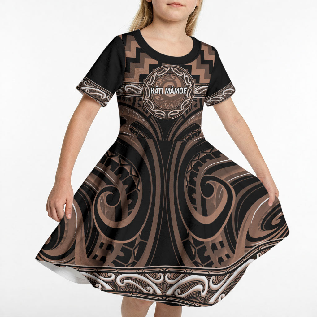 Aotearoa Kati Mamoe Personalised Kid Short Sleeve Dress Maori Iwi Poutama Puhoro Tattoo