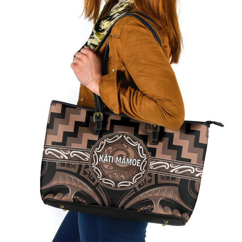 Aotearoa Kati Mamoe Leather Tote Bag Maori Iwi Poutama Puhoro Tattoo