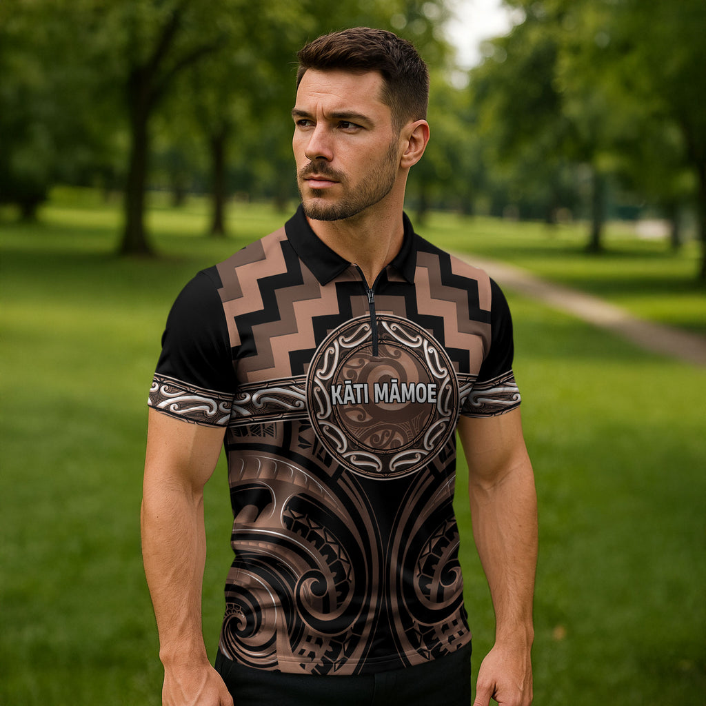 Aotearoa Kati Mamoe Personalised Zipper Polo Shirt Maori Iwi Poutama Puhoro Tattoo
