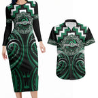 Aotearoa Whakatohea Personalised Couples Matching Long Sleeve Bodycon Dress and Hawaiian Shirt Maori Iwi Poutama Puhoro Tattoo