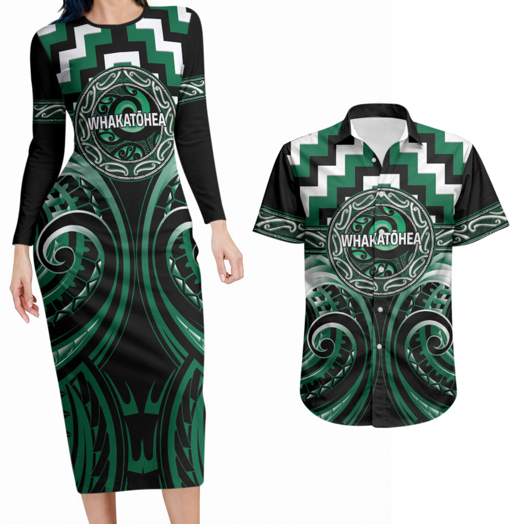 Aotearoa Whakatohea Personalised Couples Matching Long Sleeve Bodycon Dress and Hawaiian Shirt Maori Iwi Poutama Puhoro Tattoo