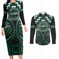 Aotearoa Whakatohea Personalised Couples Matching Long Sleeve Bodycon Dress and Long Sleeve Button Shirt Maori Iwi Poutama Puhoro Tattoo