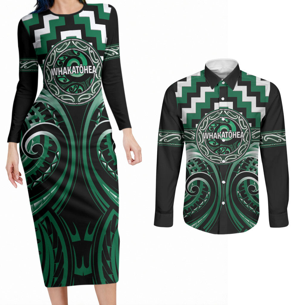 Aotearoa Whakatohea Personalised Couples Matching Long Sleeve Bodycon Dress and Long Sleeve Button Shirt Maori Iwi Poutama Puhoro Tattoo
