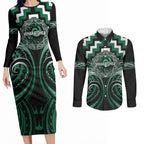 Aotearoa Whakatohea Personalised Couples Matching Long Sleeve Bodycon Dress and Long Sleeve Button Shirt Maori Iwi Poutama Puhoro Tattoo