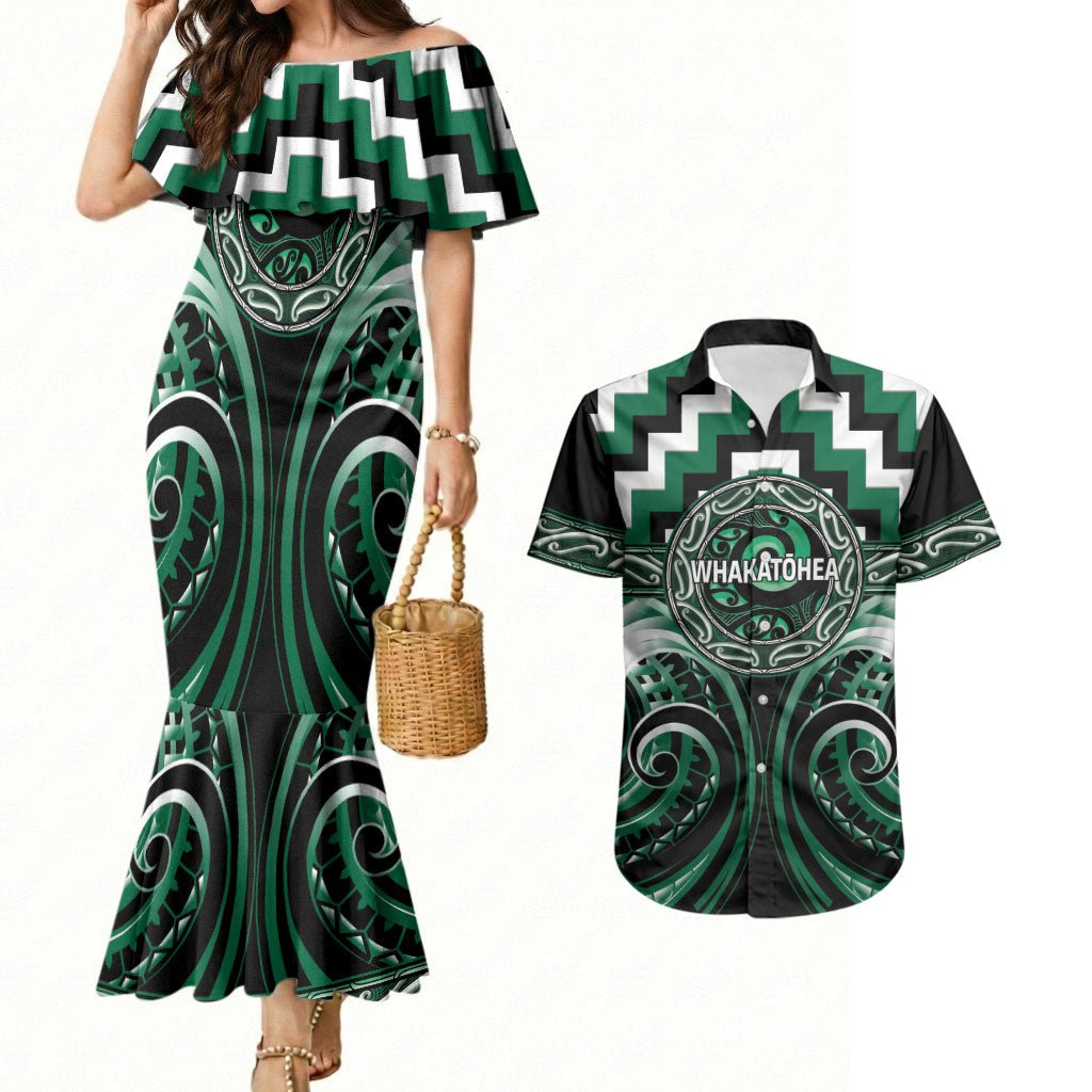 Aotearoa Whakatohea Personalised Couples Matching Mermaid Dress and Hawaiian Shirt Maori Iwi Poutama Puhoro Tattoo