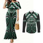 Aotearoa Whakatohea Personalised Couples Matching Mermaid Dress and Long Sleeve Button Shirt Maori Iwi Poutama Puhoro Tattoo