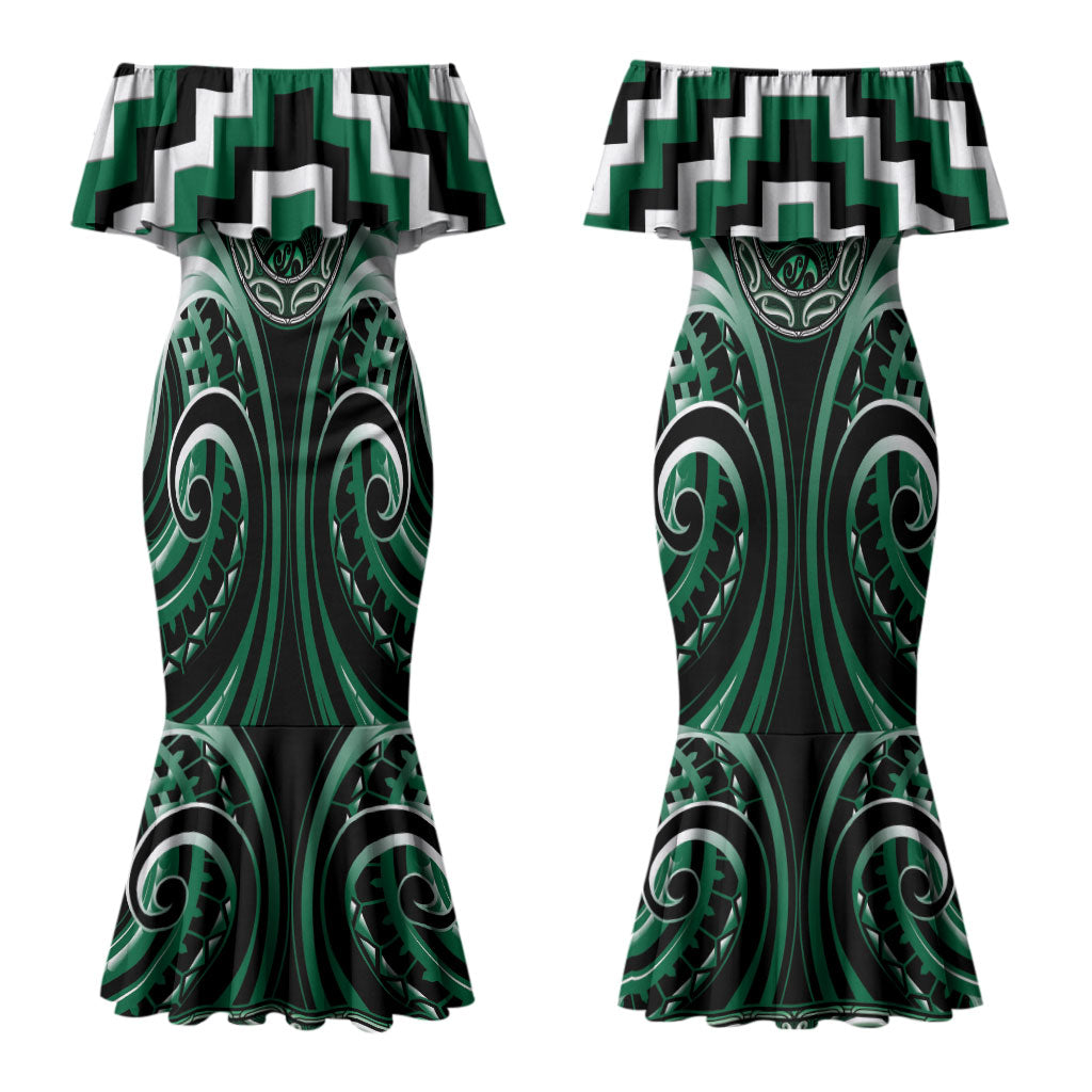 Aotearoa Whakatohea Personalised Couples Matching Mermaid Dress and Long Sleeve Button Shirt Maori Iwi Poutama Puhoro Tattoo