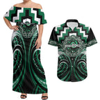 Aotearoa Whakatohea Personalised Couples Matching Off Shoulder Maxi Dress and Hawaiian Shirt Maori Iwi Poutama Puhoro Tattoo