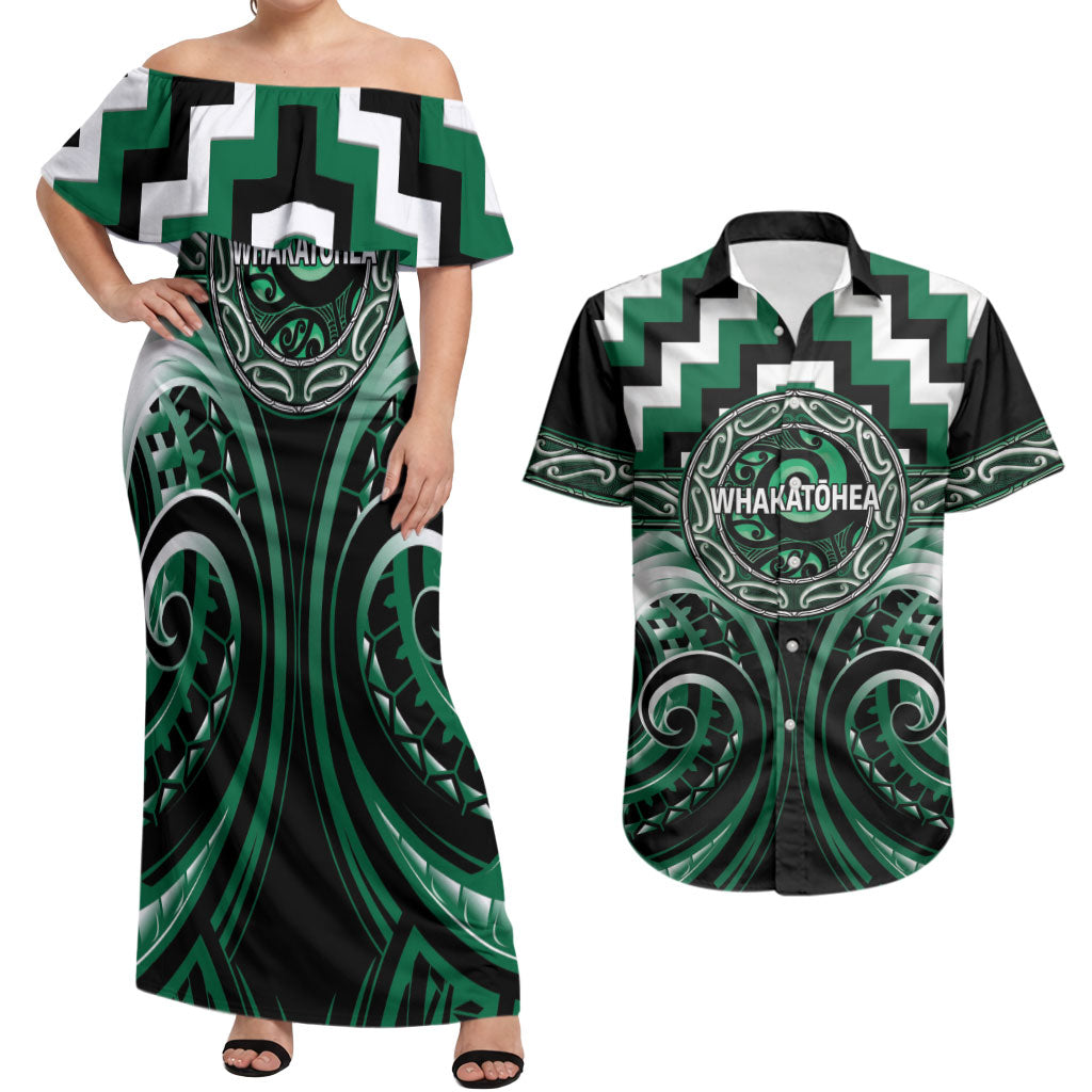 Aotearoa Whakatohea Personalised Couples Matching Off Shoulder Maxi Dress and Hawaiian Shirt Maori Iwi Poutama Puhoro Tattoo