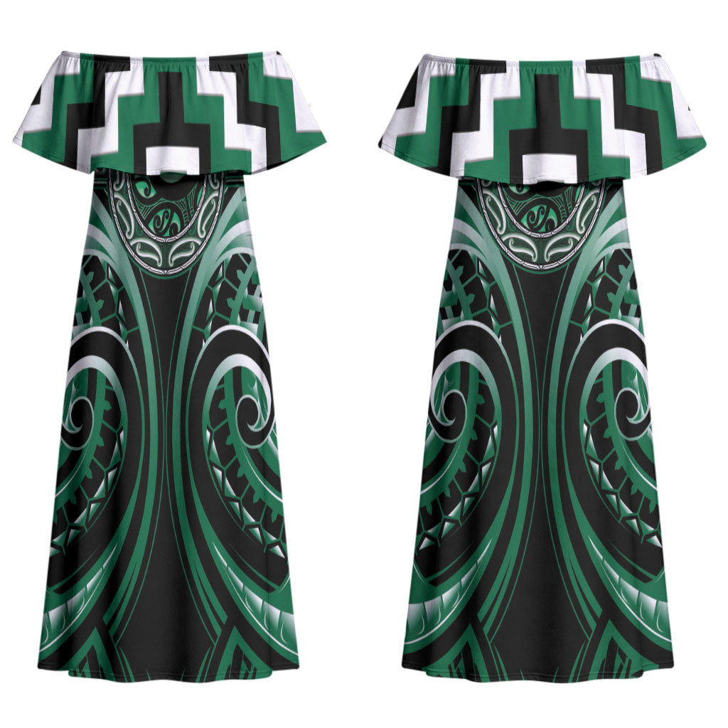 Aotearoa Whakatohea Personalised Couples Matching Off Shoulder Maxi Dress and Hawaiian Shirt Maori Iwi Poutama Puhoro Tattoo