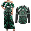 Aotearoa Whakatohea Personalised Couples Matching Off Shoulder Maxi Dress and Long Sleeve Button Shirt Maori Iwi Poutama Puhoro Tattoo