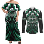 Aotearoa Whakatohea Personalised Couples Matching Off Shoulder Maxi Dress and Long Sleeve Button Shirt Maori Iwi Poutama Puhoro Tattoo