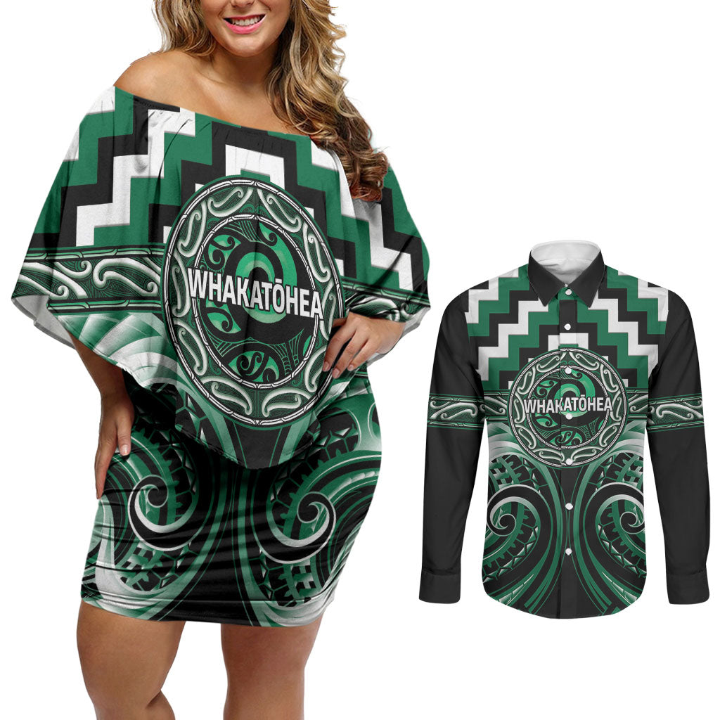 Aotearoa Whakatohea Personalised Couples Matching Off Shoulder Short Dress and Long Sleeve Button Shirt Maori Iwi Poutama Puhoro Tattoo