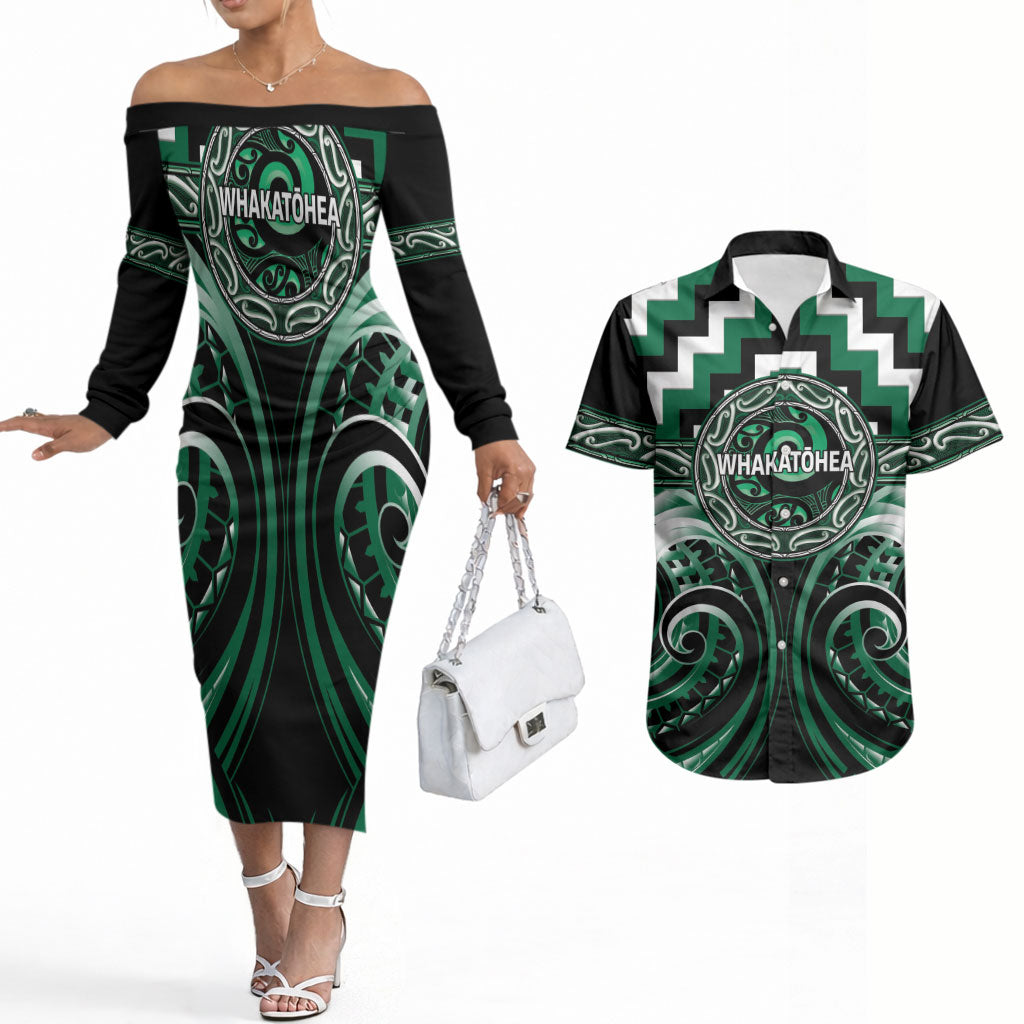 Aotearoa Whakatohea Personalised Couples Matching Off The Shoulder Long Sleeve Dress and Hawaiian Shirt Maori Iwi Poutama Puhoro Tattoo