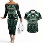 Aotearoa Whakatohea Personalised Couples Matching Off The Shoulder Long Sleeve Dress and Hawaiian Shirt Maori Iwi Poutama Puhoro Tattoo