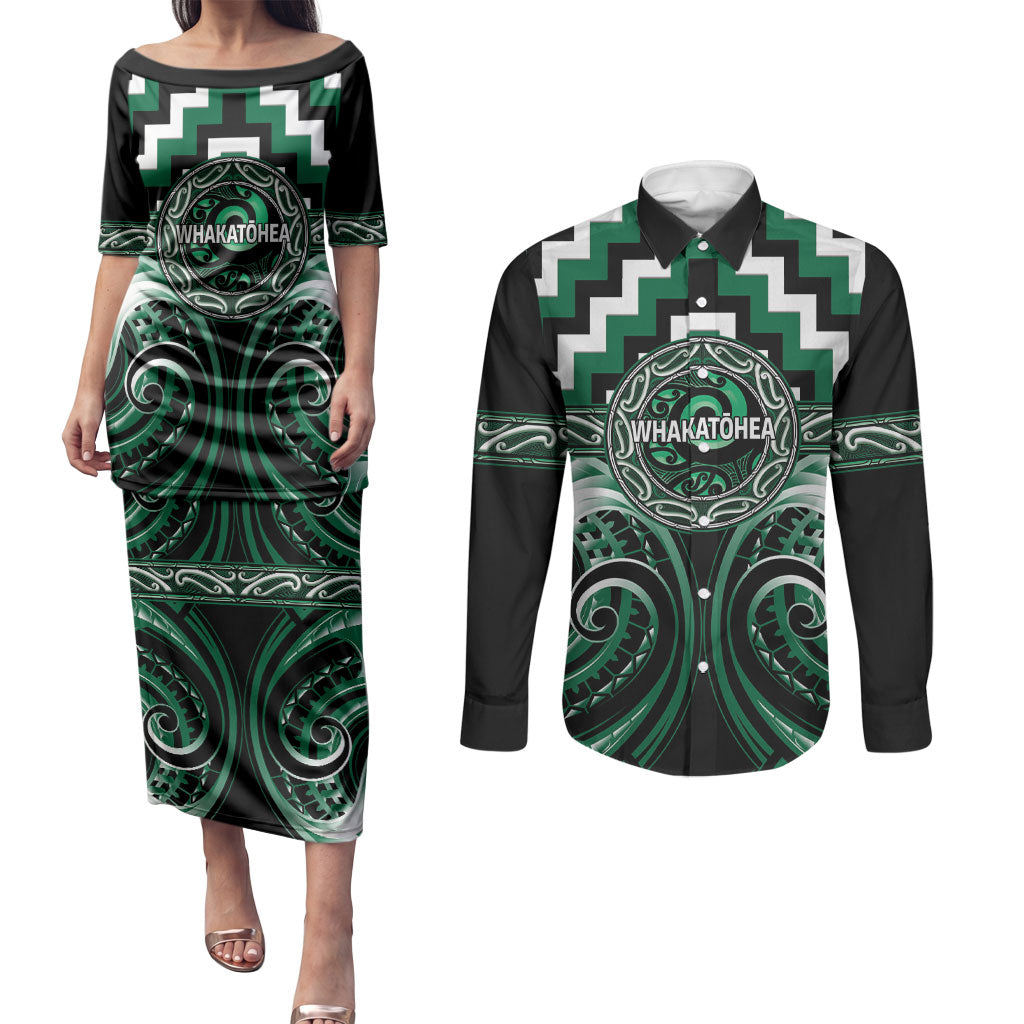 Aotearoa Whakatohea Personalised Couples Matching Puletasi and Long Sleeve Button Shirt Maori Iwi Poutama Puhoro Tattoo