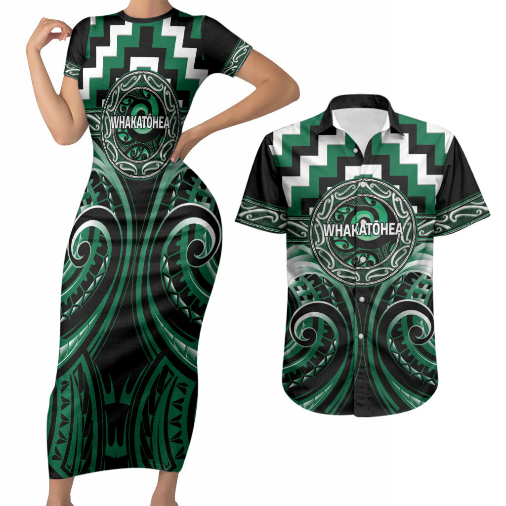 Aotearoa Whakatohea Personalised Couples Matching Short Sleeve Bodycon Dress and Hawaiian Shirt Maori Iwi Poutama Puhoro Tattoo