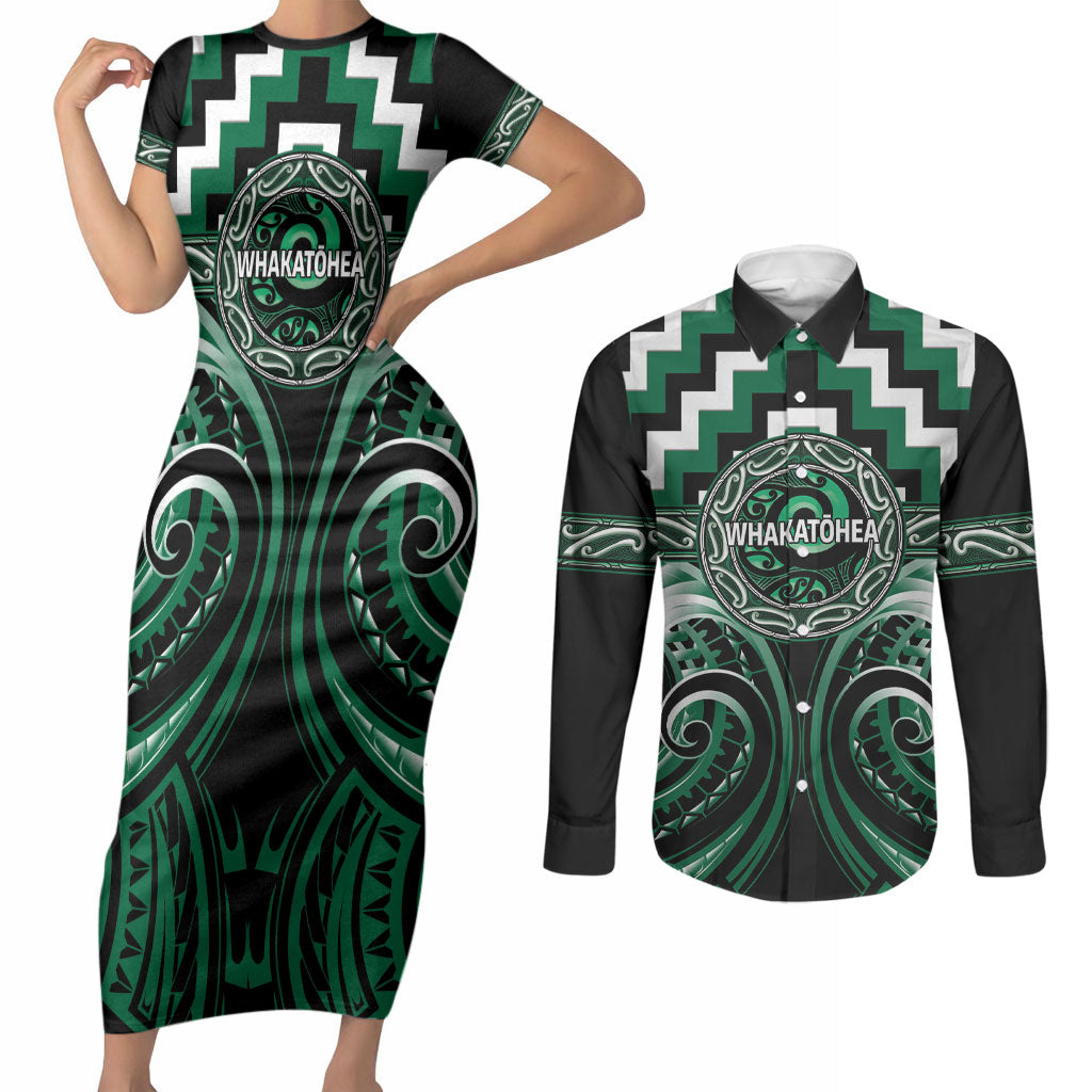 Aotearoa Whakatohea Personalised Couples Matching Short Sleeve Bodycon Dress and Long Sleeve Button Shirt Maori Iwi Poutama Puhoro Tattoo
