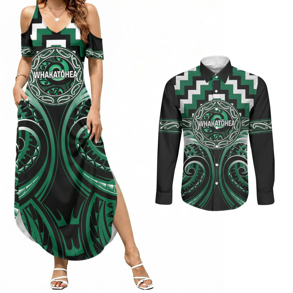 Aotearoa Whakatohea Personalised Couples Matching Summer Maxi Dress and Long Sleeve Button Shirt Maori Iwi Poutama Puhoro Tattoo