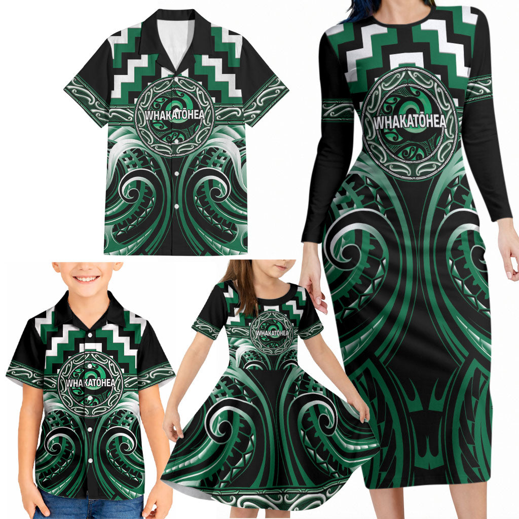 Aotearoa Whakatohea Personalised Family Matching Long Sleeve Bodycon Dress and Hawaiian Shirt Maori Iwi Poutama Puhoro Tattoo