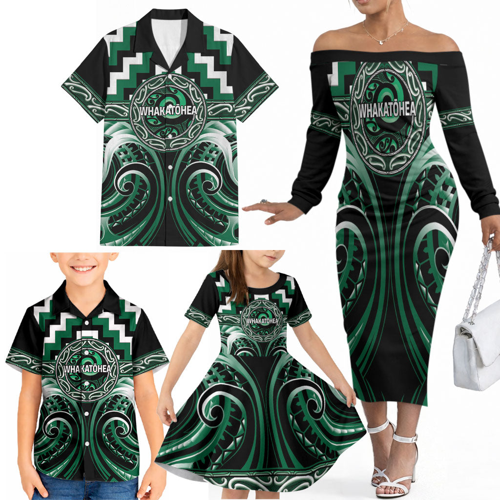 Aotearoa Whakatohea Personalised Family Matching Off The Shoulder Long Sleeve Dress and Hawaiian Shirt Maori Iwi Poutama Puhoro Tattoo