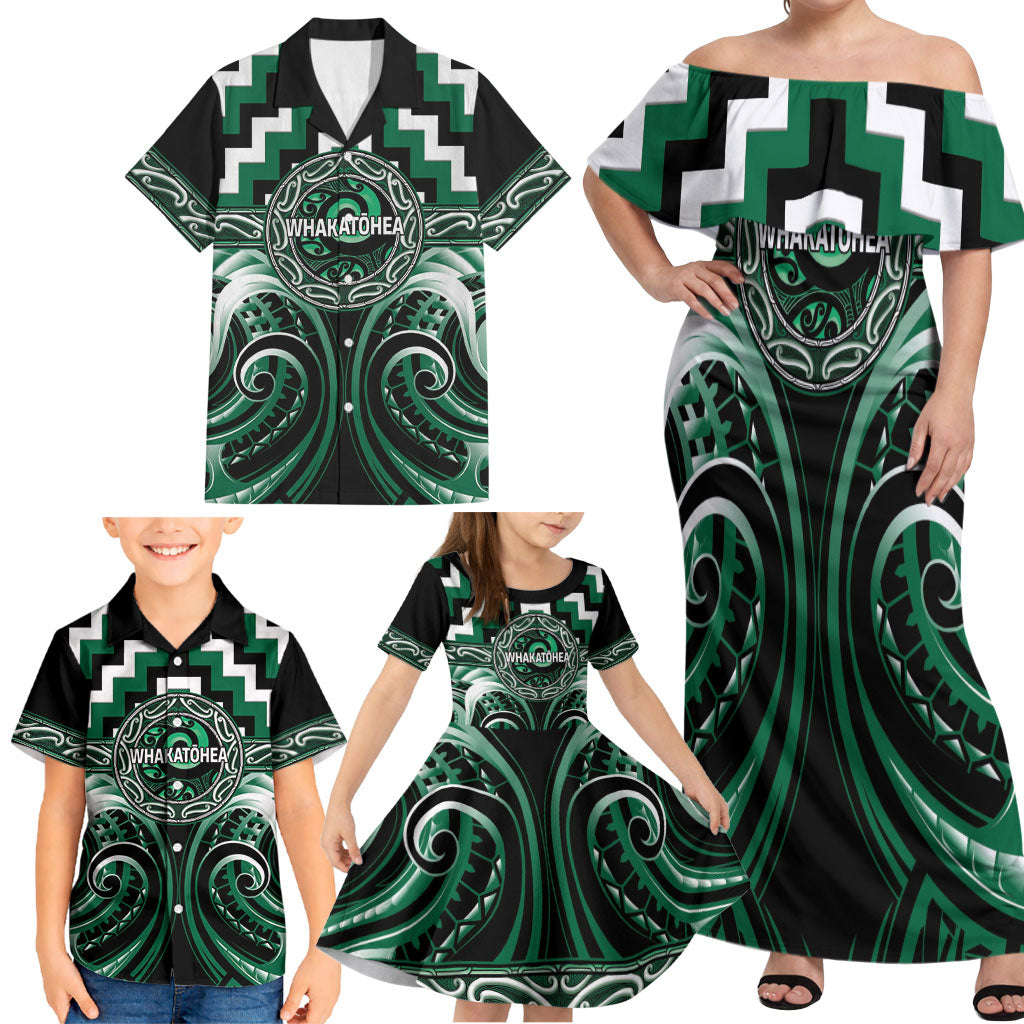 Aotearoa Whakatohea Personalised Family Matching Off Shoulder Maxi Dress and Hawaiian Shirt Maori Iwi Poutama Puhoro Tattoo