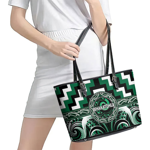 Aotearoa Whakatohea Leather Tote Bag Maori Iwi Poutama Puhoro Tattoo