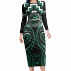 Aotearoa Whakatohea Personalised Long Sleeve Bodycon Dress Maori Iwi Poutama Puhoro Tattoo