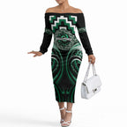 Aotearoa Whakatohea Personalised Off The Shoulder Long Sleeve Dress Maori Iwi Poutama Puhoro Tattoo