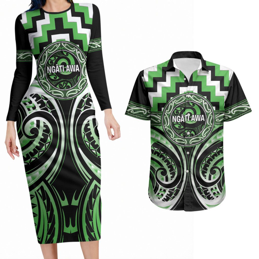 Aotearoa Ngati Awa Personalised Couples Matching Long Sleeve Bodycon Dress and Hawaiian Shirt Maori Iwi Poutama Puhoro Tattoo