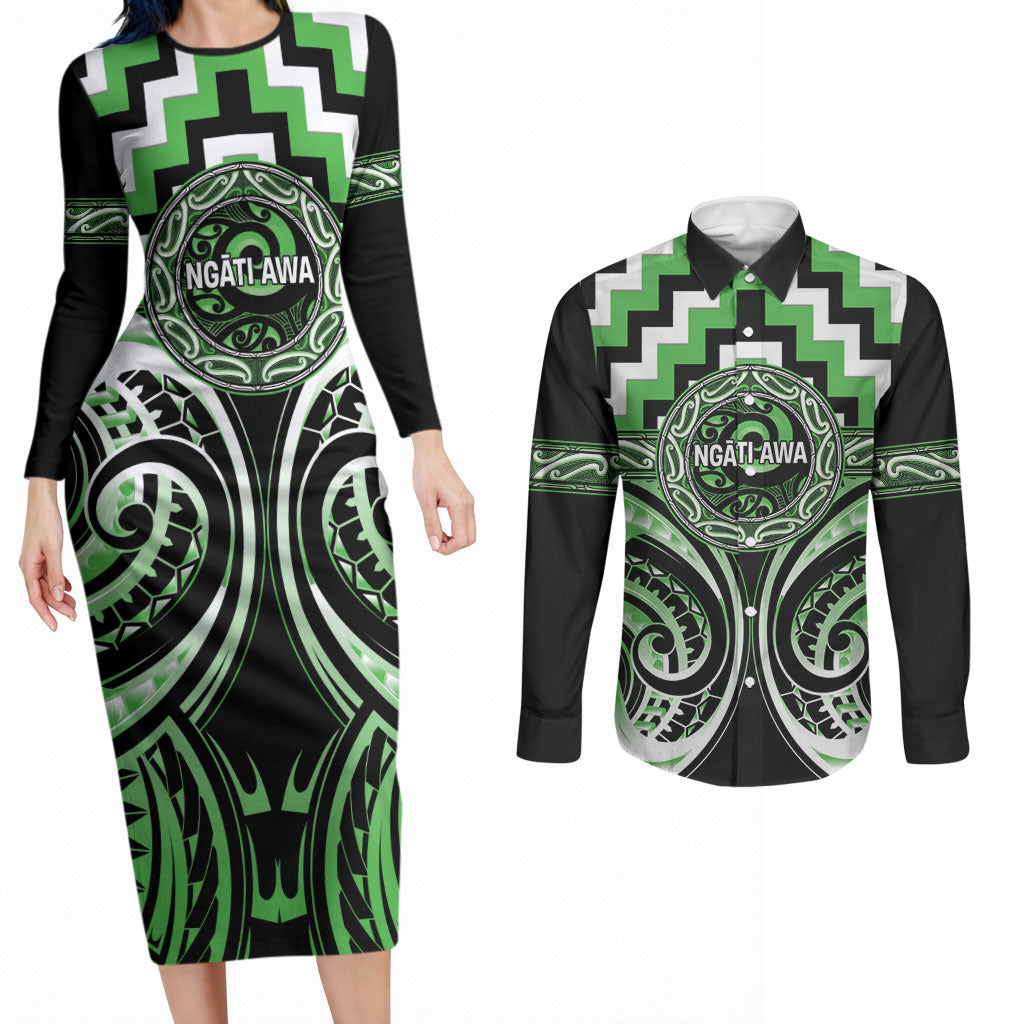 Aotearoa Ngati Awa Personalised Couples Matching Long Sleeve Bodycon Dress and Long Sleeve Button Shirt Maori Iwi Poutama Puhoro Tattoo