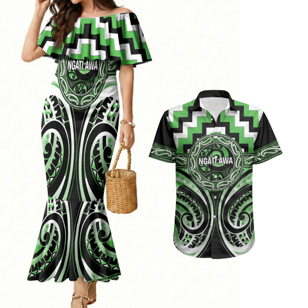 Aotearoa Ngati Awa Personalised Couples Matching Mermaid Dress and Hawaiian Shirt Maori Iwi Poutama Puhoro Tattoo