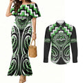 Aotearoa Ngati Awa Personalised Couples Matching Mermaid Dress and Long Sleeve Button Shirt Maori Iwi Poutama Puhoro Tattoo