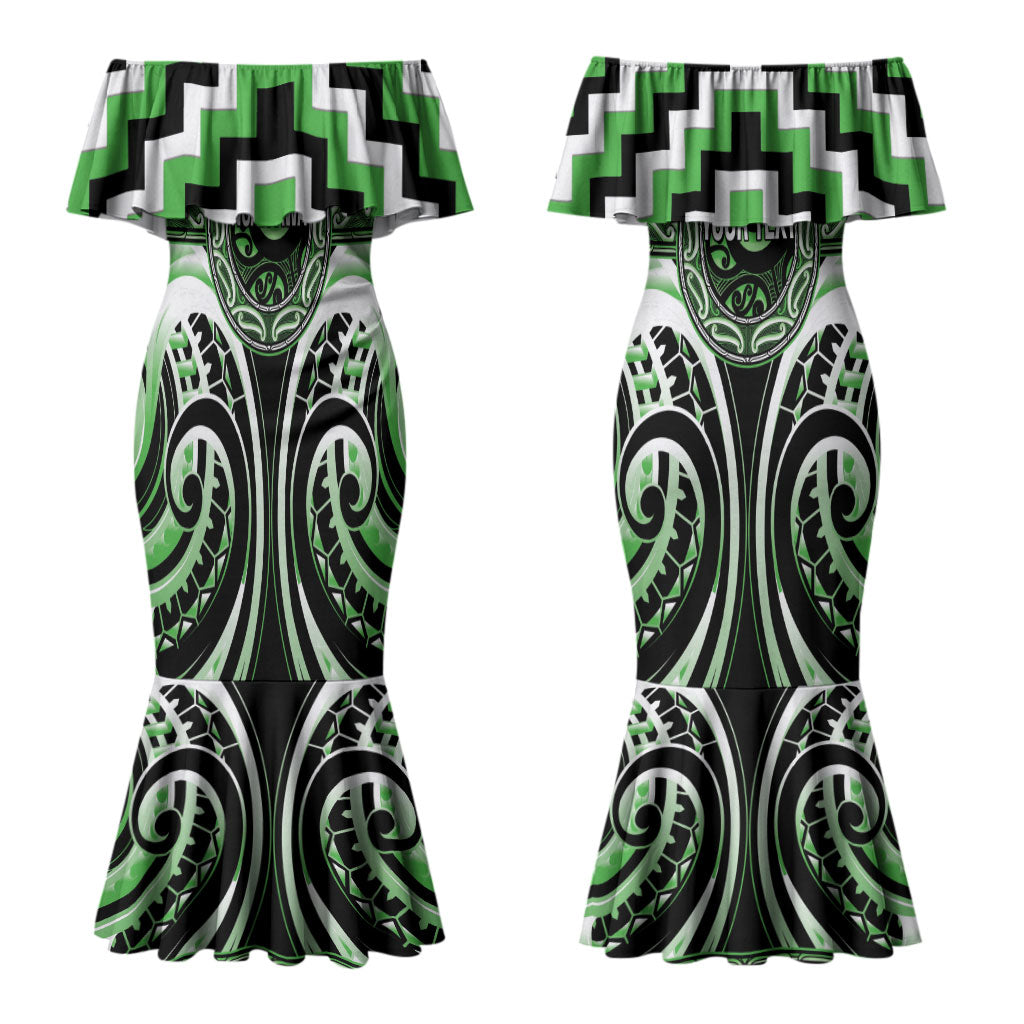 Aotearoa Ngati Awa Personalised Couples Matching Mermaid Dress and Long Sleeve Button Shirt Maori Iwi Poutama Puhoro Tattoo