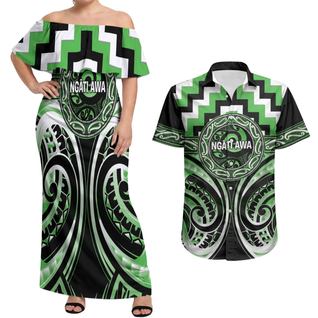 Aotearoa Ngati Awa Personalised Couples Matching Off Shoulder Maxi Dress and Hawaiian Shirt Maori Iwi Poutama Puhoro Tattoo