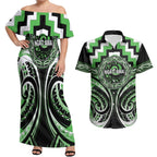 Aotearoa Ngati Awa Personalised Couples Matching Off Shoulder Maxi Dress and Hawaiian Shirt Maori Iwi Poutama Puhoro Tattoo
