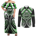 Aotearoa Ngati Awa Personalised Couples Matching Off Shoulder Maxi Dress and Long Sleeve Button Shirt Maori Iwi Poutama Puhoro Tattoo
