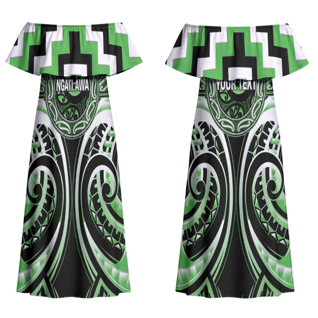 Aotearoa Ngati Awa Personalised Couples Matching Off Shoulder Maxi Dress and Long Sleeve Button Shirt Maori Iwi Poutama Puhoro Tattoo