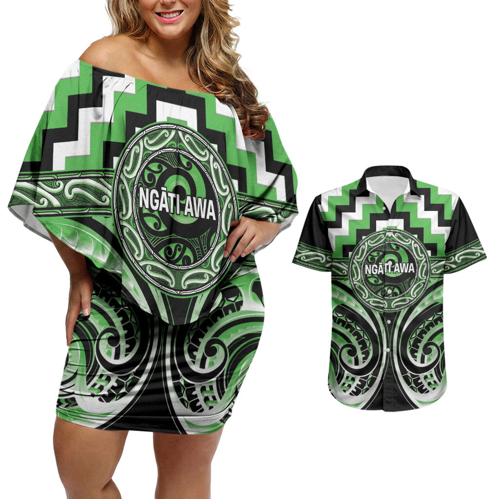 Aotearoa Ngati Awa Personalised Couples Matching Off Shoulder Short Dress and Hawaiian Shirt Maori Iwi Poutama Puhoro Tattoo
