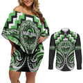 Aotearoa Ngati Awa Personalised Couples Matching Off Shoulder Short Dress and Long Sleeve Button Shirt Maori Iwi Poutama Puhoro Tattoo