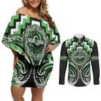 Aotearoa Ngati Awa Personalised Couples Matching Off Shoulder Short Dress and Long Sleeve Button Shirt Maori Iwi Poutama Puhoro Tattoo