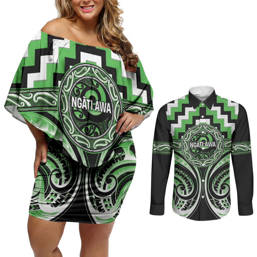 Aotearoa Ngati Awa Personalised Couples Matching Off Shoulder Short Dress and Long Sleeve Button Shirt Maori Iwi Poutama Puhoro Tattoo