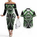 Aotearoa Ngati Awa Personalised Couples Matching Off The Shoulder Long Sleeve Dress and Hawaiian Shirt Maori Iwi Poutama Puhoro Tattoo