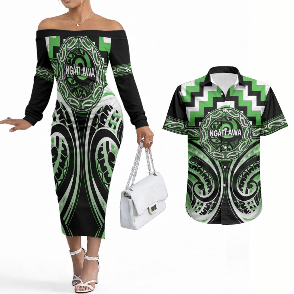 Aotearoa Ngati Awa Personalised Couples Matching Off The Shoulder Long Sleeve Dress and Hawaiian Shirt Maori Iwi Poutama Puhoro Tattoo