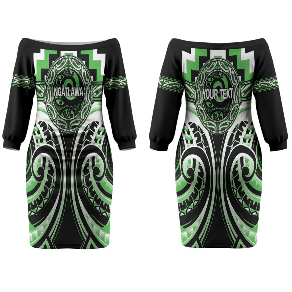 Aotearoa Ngati Awa Personalised Couples Matching Off The Shoulder Long Sleeve Dress and Hawaiian Shirt Maori Iwi Poutama Puhoro Tattoo