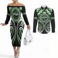 Aotearoa Ngati Awa Personalised Couples Matching Off The Shoulder Long Sleeve Dress and Long Sleeve Button Shirt Maori Iwi Poutama Puhoro Tattoo