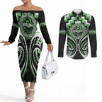 Aotearoa Ngati Awa Personalised Couples Matching Off The Shoulder Long Sleeve Dress and Long Sleeve Button Shirt Maori Iwi Poutama Puhoro Tattoo