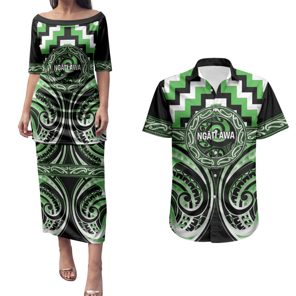 Aotearoa Ngati Awa Personalised Couples Matching Puletasi and Hawaiian Shirt Maori Iwi Poutama Puhoro Tattoo